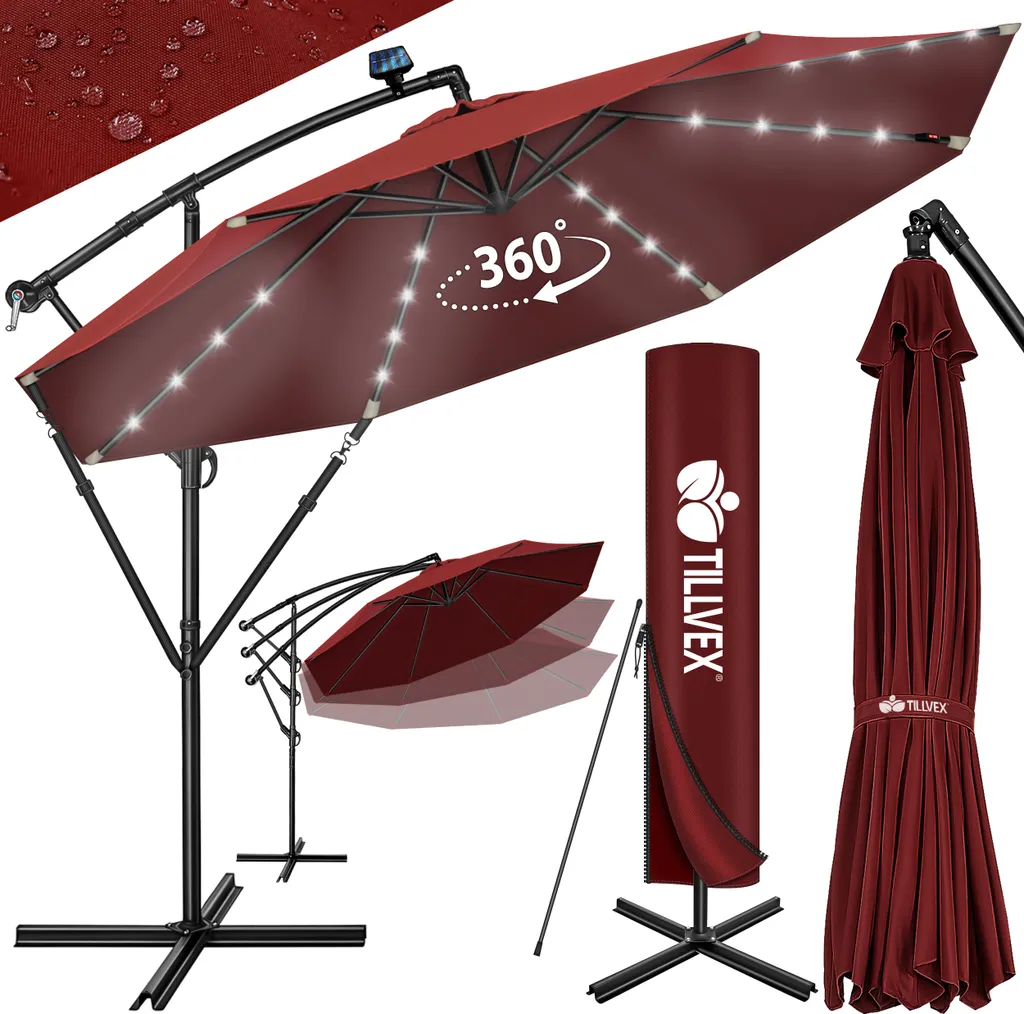 tillvex Ombrellone a Sbalzo Rosso LED Solare 300cm - Arredo Giardino