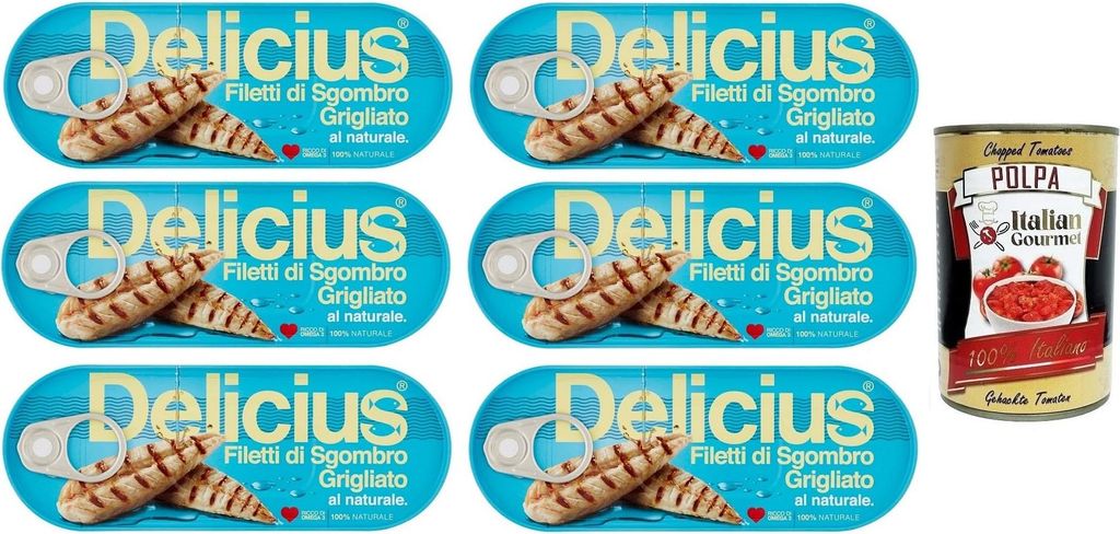 6x Delicius Filetti di Sgombro Grigliati al Naturale,Natürliche Gegrillte Makrelenfilets,reich an Omega 3,Hochwertiger Blauer Fisch,110g Dose + It...
