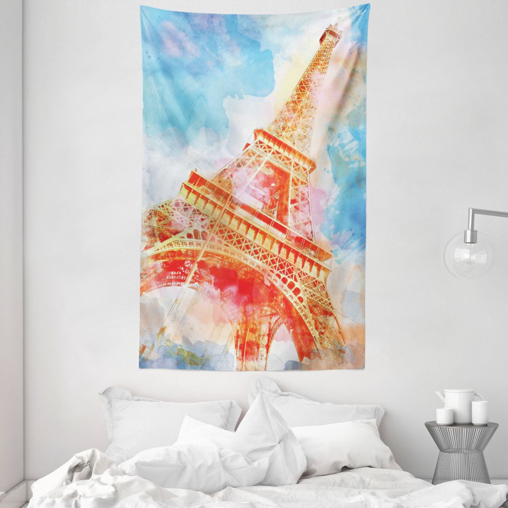 ABAKUHAUS Bunt Wandteppich und Tagesdecke, Eiffelturm aus Weiches Mikrofaser Stoff Waschbar ohne Verblassen Digitaldruck, 140 x 230 cm, Blau Gelb Rot