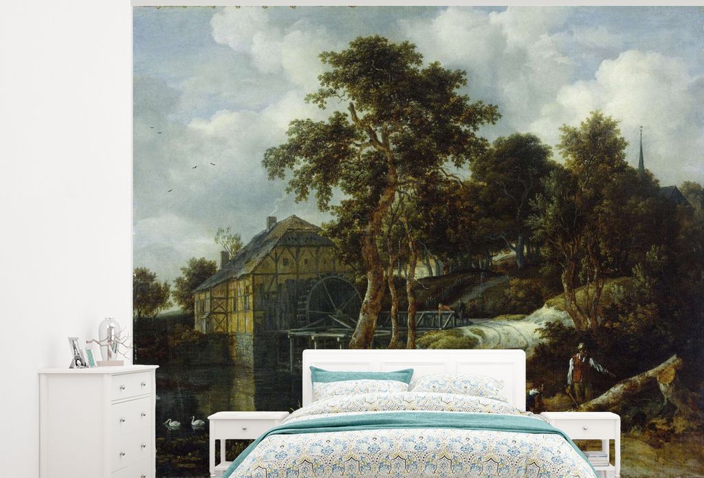 MuchoWow Fototapete für Wohnzimmer oder Schlafzimmer Wandtapete Vinyl Motivtapete Landschaft mit Wassermühle - Gemälde von Jacob van Ruisdael ...