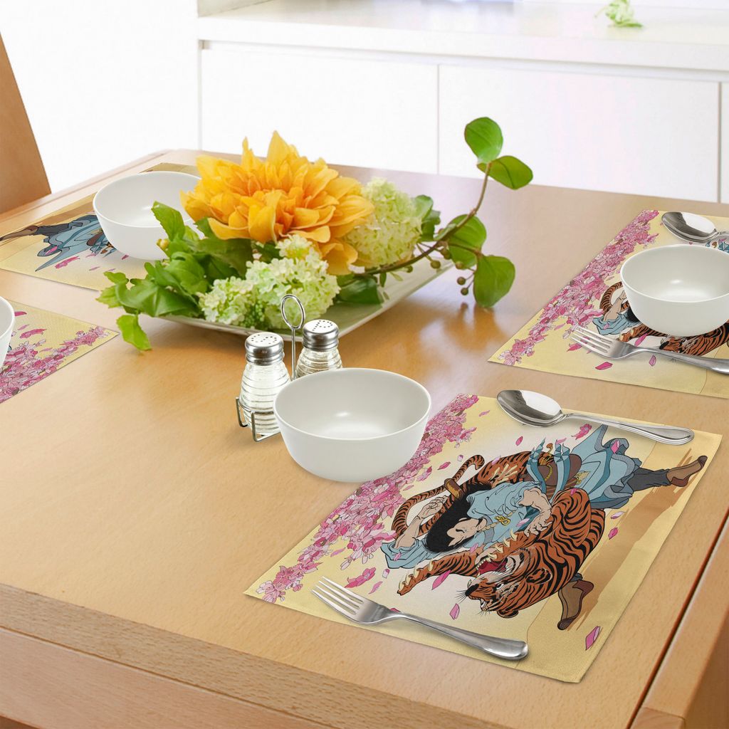 ABAKUHAUS japanisch Platzmatten, Tapferer Samurai und Tiger Clash verwandeln Sich in Floral Sakura Kirschblüten Cartoon Print, Tiscjdeco aus Farbf...