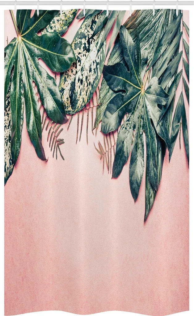 Tenda Doccia Lavabile 120x180 ABAKUHAUS Foglie - Verde e Rosa Cipria