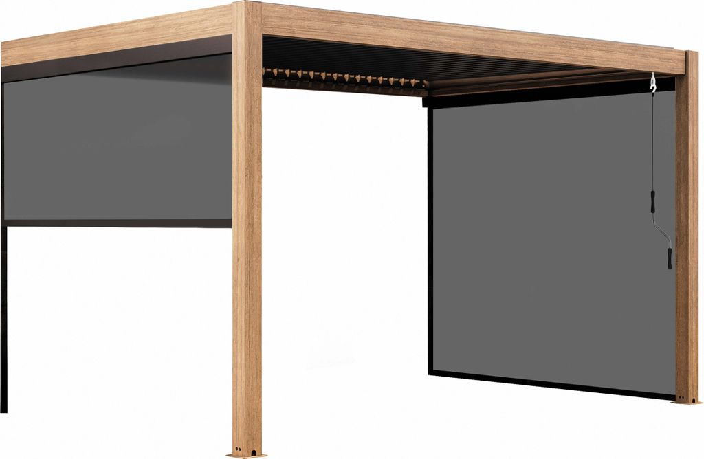 Pergola bioklimatische angebaute 3x4m und 2 graue Holzjalousien - Oviala Oia