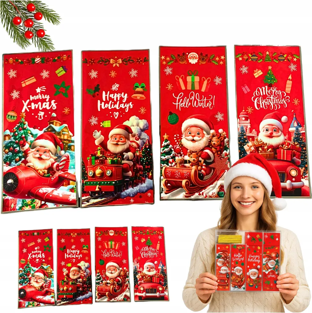 50 Sacs Cadeaux Noël en Cellophane Robuste - Motif Père Noël 27cm