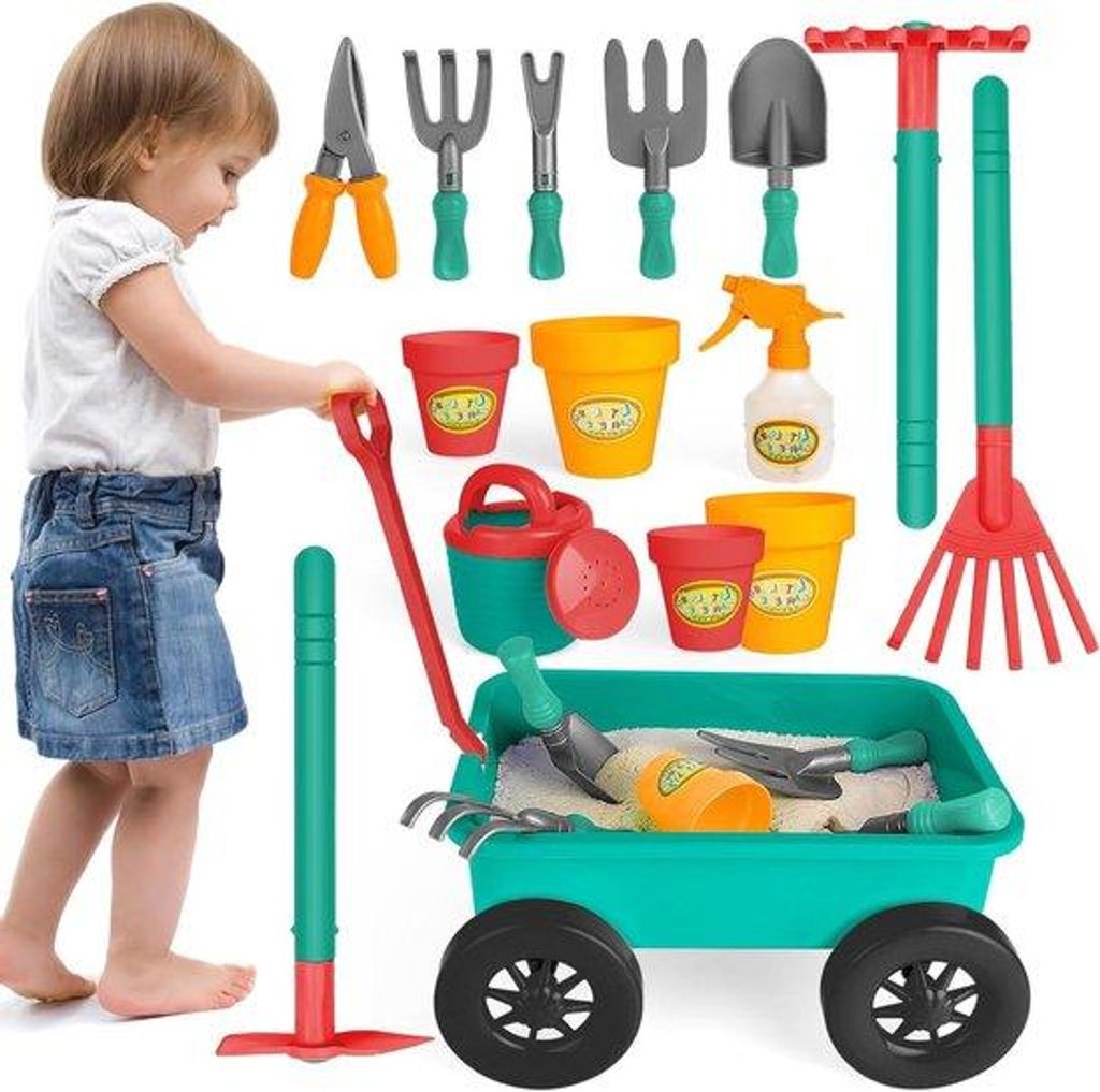 Kinder-Tuin-Spielzeug-Sets mit Kratzbaumwagen, Gartenmäher, Schaufel, Blumenpotten, Gießkanne und mehr - 14 Teile Spielzeugset für Außen und Sa...