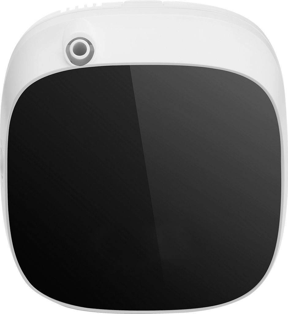 A white electronic device with a black screen and a small circular lens on top, isolated on a white background.