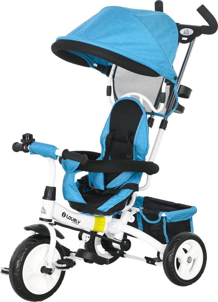 6-in-1 Kinderdreirad mit Schiebestange, Dach, Gurt, Ablagekorb, für 1-5 Jahre, Blau