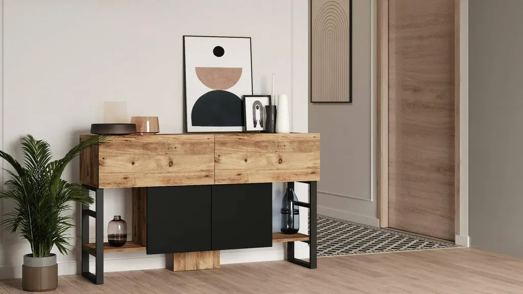 Console Izo 139cm Finition Chêne Brun, Structure Large à 2 Étagères - 5