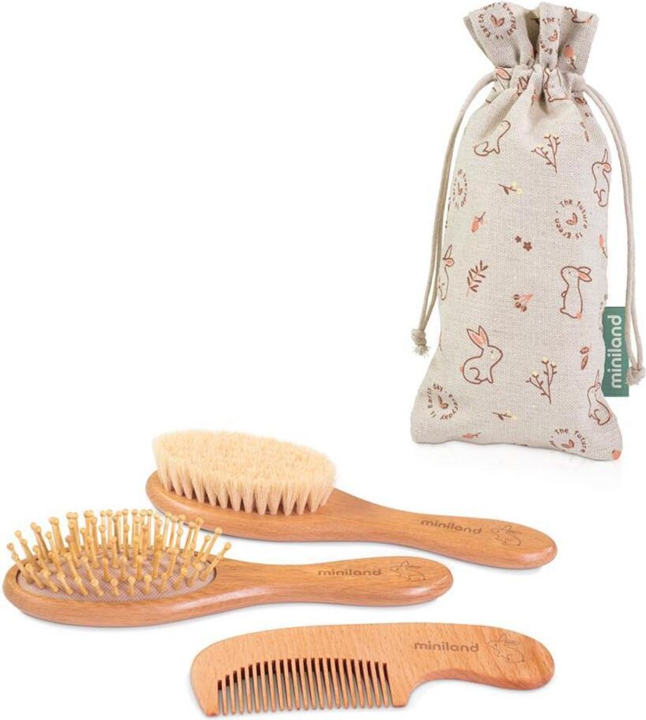 Miniland ECO-freundliches Baby-Pflegeset (2 Bürsten, Kamm, Tasche), Hase