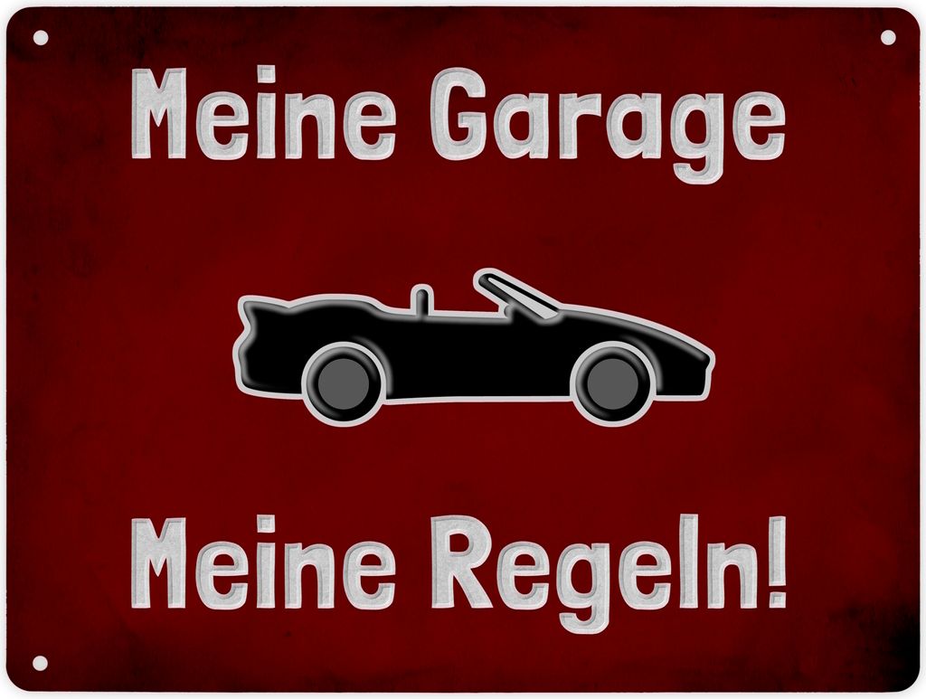 Meine Garage Meine Regeln! Metallschild XL in 21x28 cm mit Cabrio und rotem