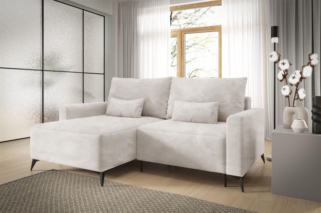 Ecksofa Schlafsofa Sofa SILVES in Stoff Poso Altweiß Ottomane Links