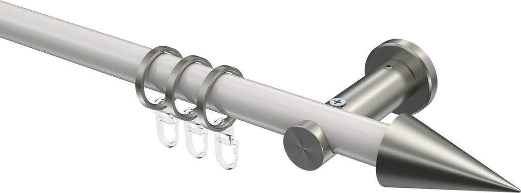Interdeco Gardinenstange / Vorhangstange Weiß / Edelstahl-Optik, Typ Platon Savio (Kegel), 20 mm Ø 1-läufig, 160 cm
