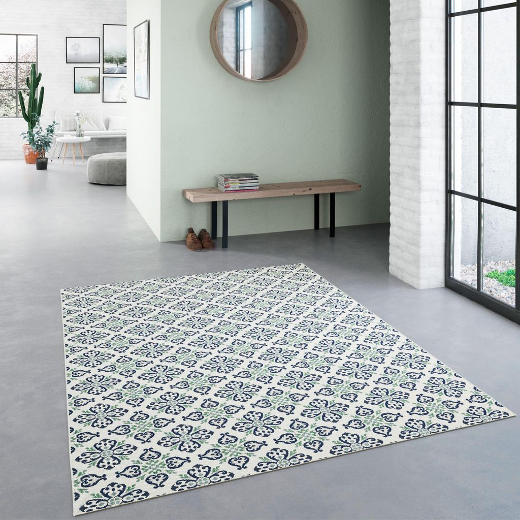 Steffensmeier In- und Outdoorteppich Nohr | mediterranes Kachelmuster | Terasse | Blau | 120x170 cm