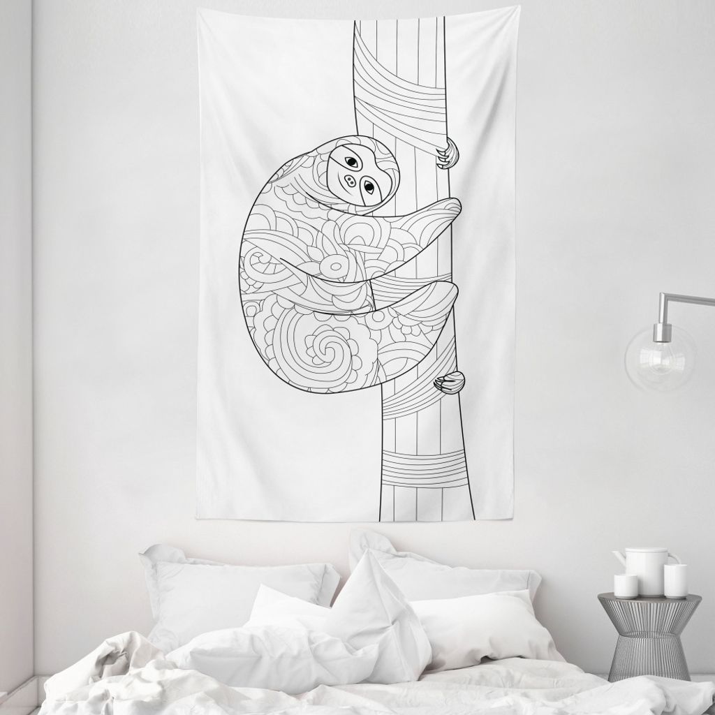 ABAKUHAUS Faultier Wandteppich und Tagesdecke, Sloth Kontur Ornamente aus Weiches Mikrofaser Stoff Waschbar ohne Verblassen Digitaldruck, 140 x 230...