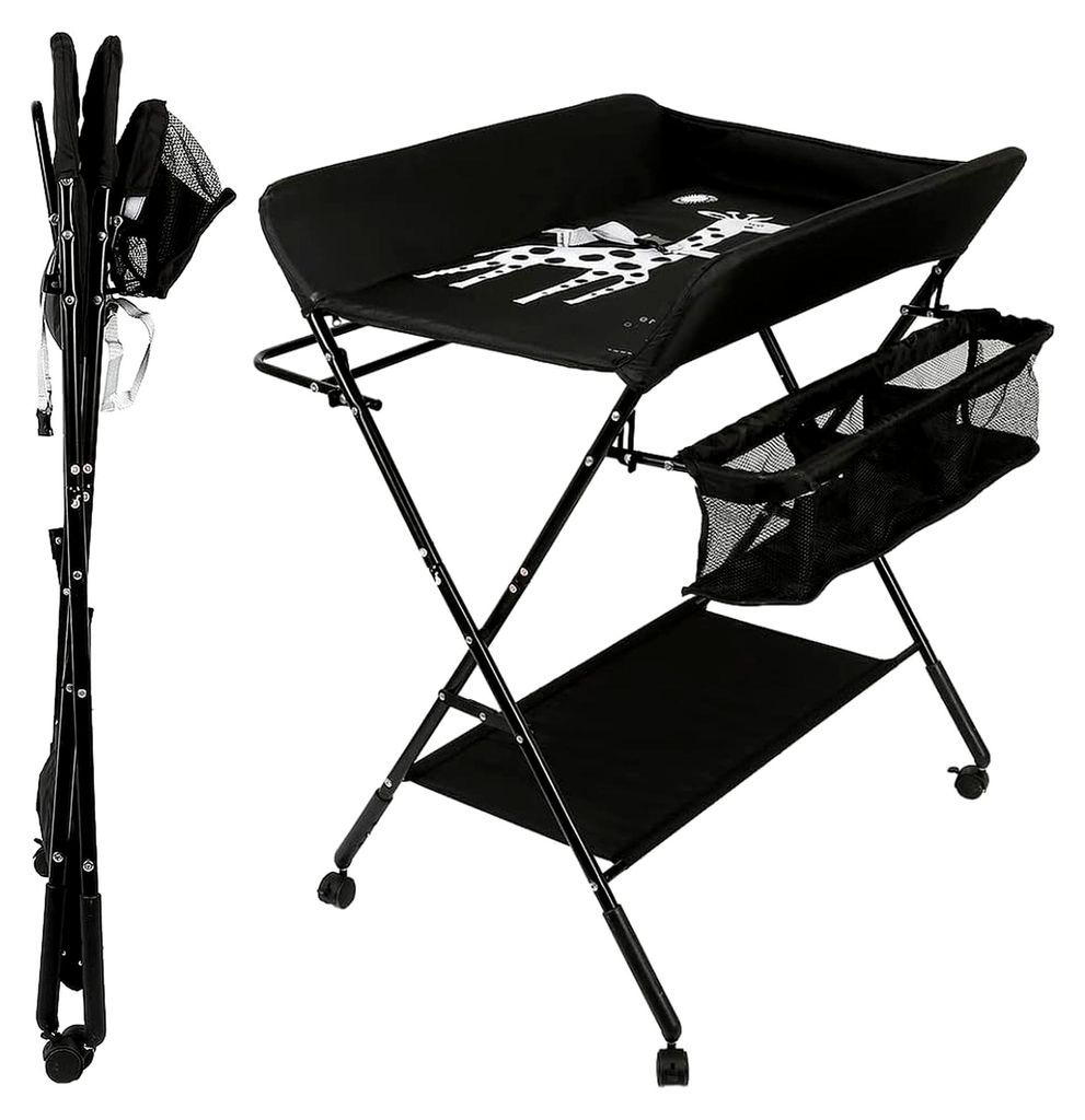 Wickeltisch, zusammenklappbar, mit 4 Rollen, 66 x 80 x 92-98 cm, Schwarz