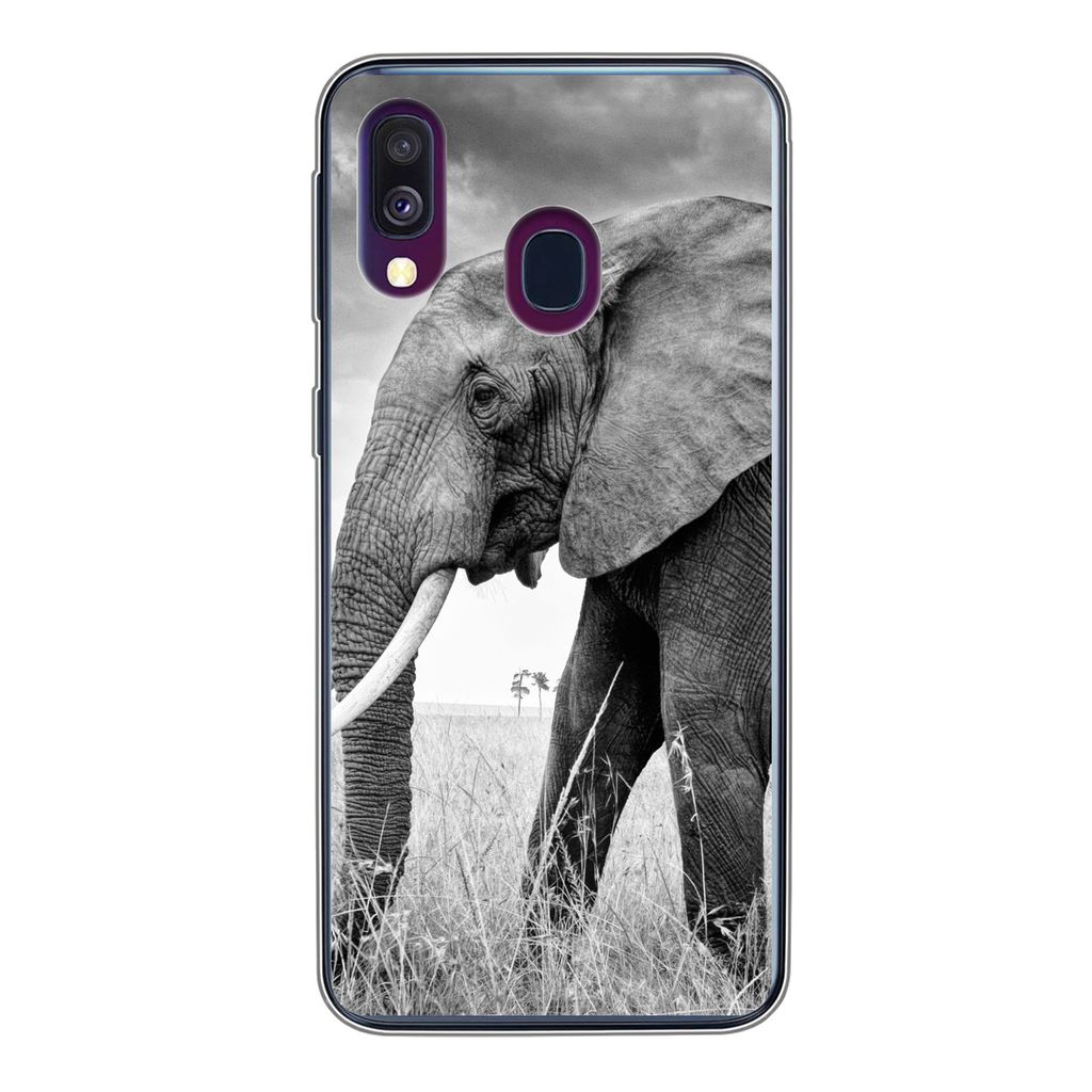 MuchoWow Handyhülle Schutzhülle Hülle für Samsung Galaxy A40 Elefant - Gras - Tiere - Schwarz und weiß Silikon Softcase Handy Hülle - Handy...
