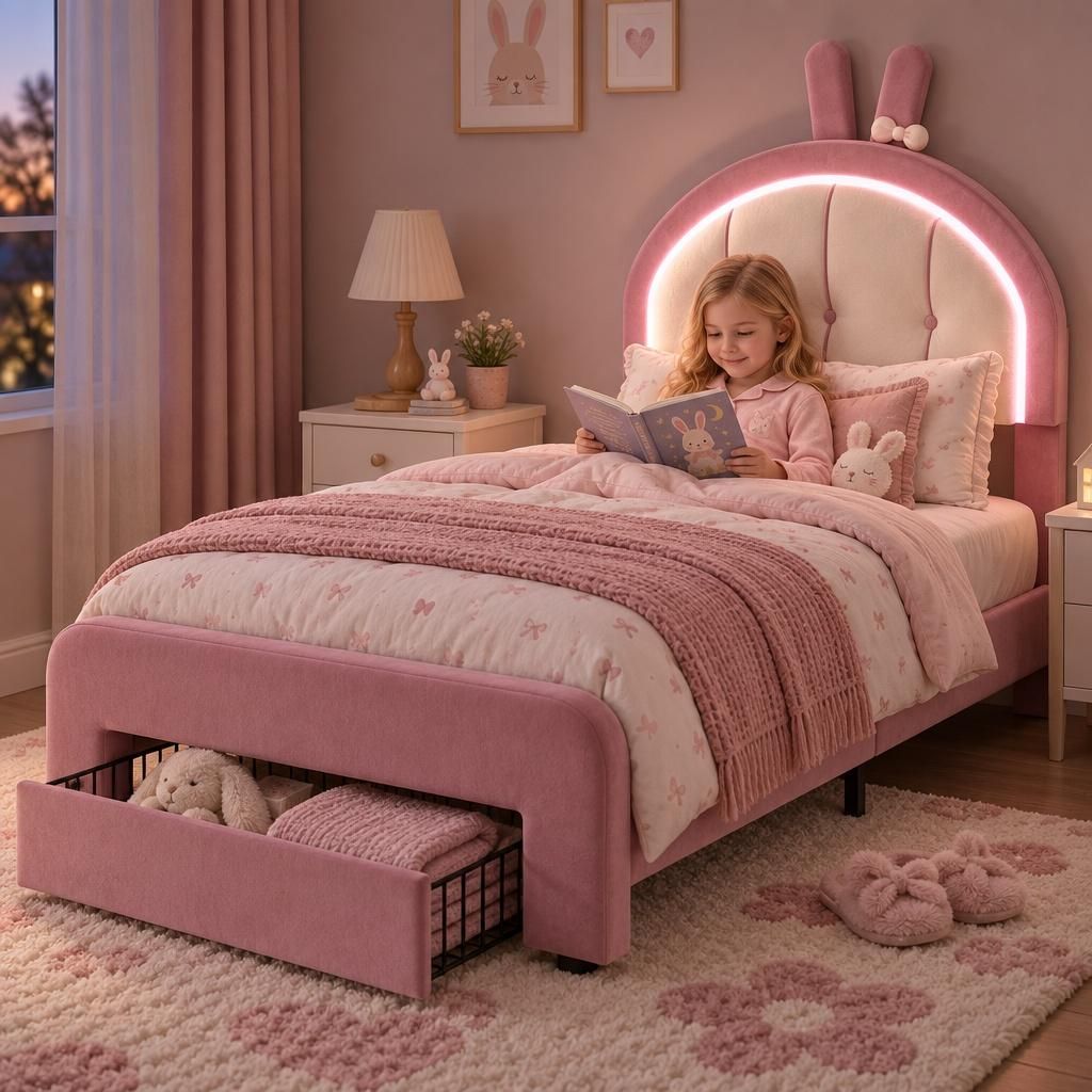 Polsterbett Kinderbett 90x200 cm mit Hasen-Design, Produktbild 