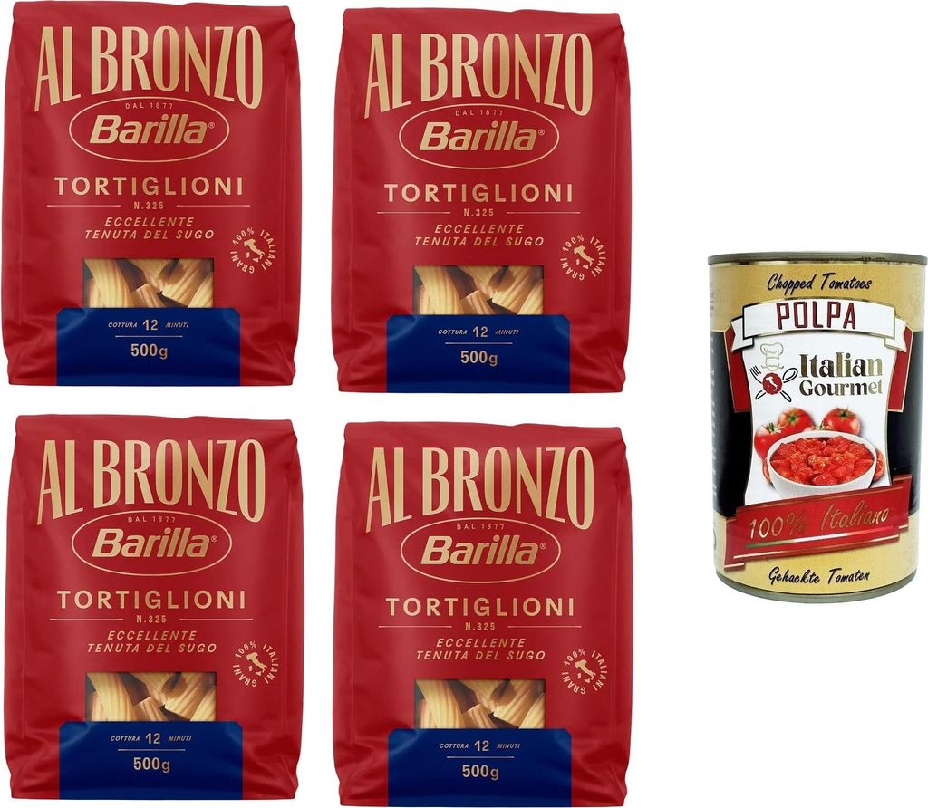 Al Bronzo Pasta Tortiglioni Bronze Gezogene Pasta Rohe Verarbeitungsmethode 4x 500gr + Italian Gourmet polpa 400g