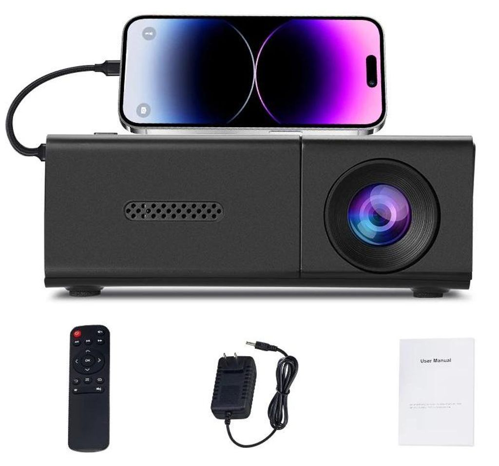 Mini Projektor - T4 Beamer - HD - Bildschirmspiegelung per WLAN - Akku- & Netzbetrieb (AC & DC) - Mehrere Anschlüsse - Schwarz