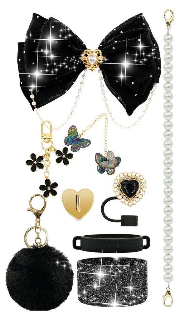 1 Set Becherhülle mit funkelnden Strasssteinen, Schleife, Plüschkugel-Dekor, Kunstperlen, Lanyard und Silikon-Bodenschutz