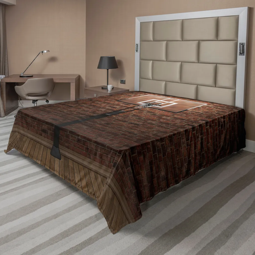 ABAKUHAUS Lenzuolo da letto con motivo basket, vecchio muro di mattoni e canestro da basket Rim allenamento indoor, immagine dello stadio, lenzuolo morbido e confortevole per un letto decorativo 1 pezzo 266 cm x 260 cm, marrone