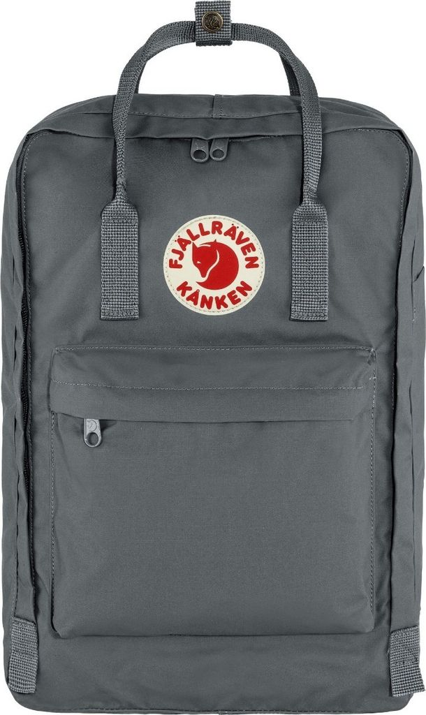 A front view of a gray backpack.