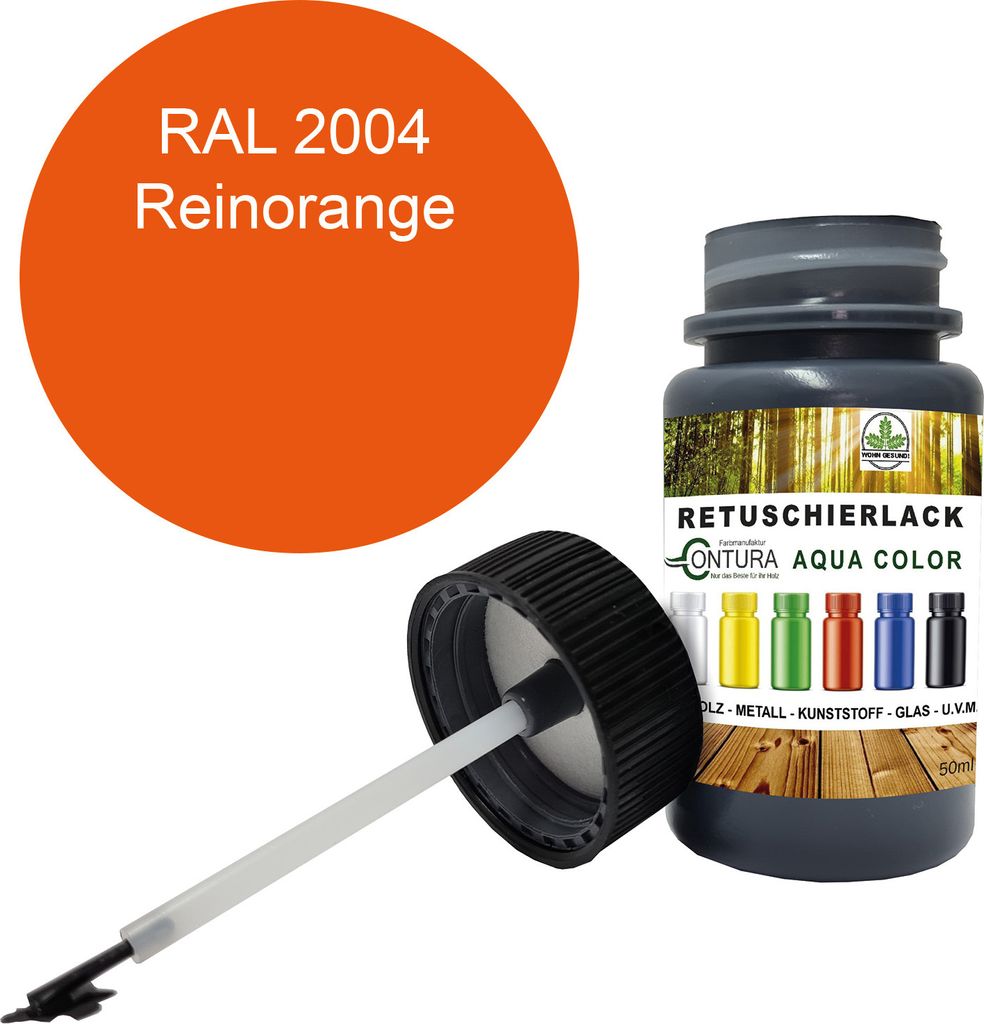 Reparaturlack Lackstift RAL Lack Pinselflasche 50ml. Farbe Holz Metall Möbel Auto Bad Retuschierlack - RAL 2004 Reinorange