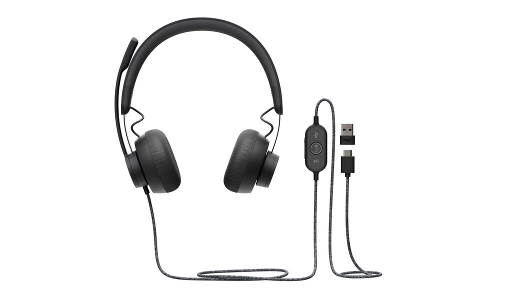 A black Logitech Zone Wired headset with a microphone boom is shown against a white background. The headset has two earcups and a headband. A cable extends from the left earcup, leading to an inline control module and then to a USB-C connector and a USB-A 