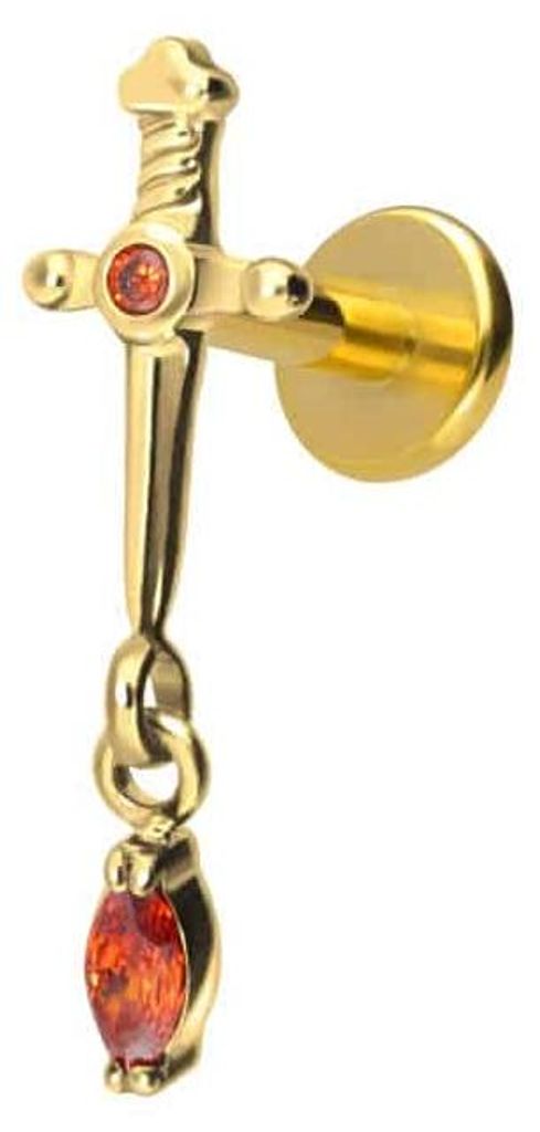 Ohrpiercing, Nasenpiercing Titan Labret mit Innengewinde DOLCH + KRISTALLTROPFEN Gold Stablänge: 8mm | Stabstärke: 1,2mm