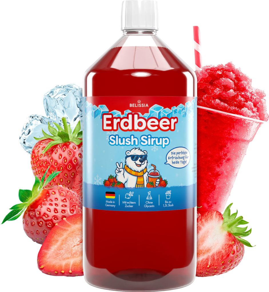 Belissia Slush Eis Sirup 1000ml Konzentrat | Erdbeer Geschmack | sehr ergiebig in knalligen Farben (1:5) für bis zu 6 Liter | Glycerin frei