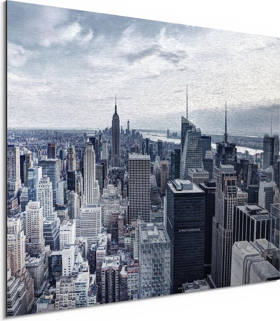 DEQORI Alu-Dibond Bild Silber 40x30 cm 'Blaue Skyline New York' Wandbild Metall dünn