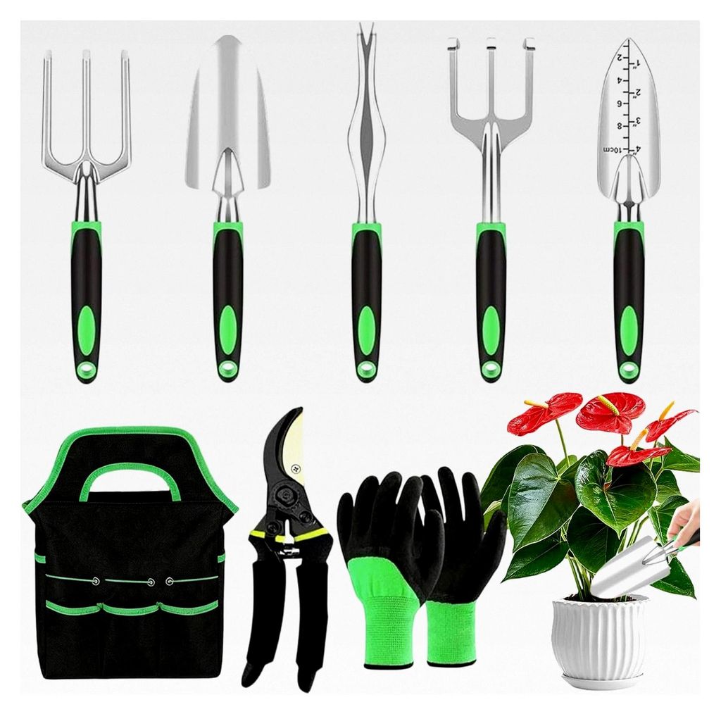 Gartenwerkzeug Set | 8-teiliges tragbares Pflanzzubehör, Handwerkzeuge für Bodenbearbeitung, Umpflanzen, Reinigung und Schneiden im Innen- und Au...