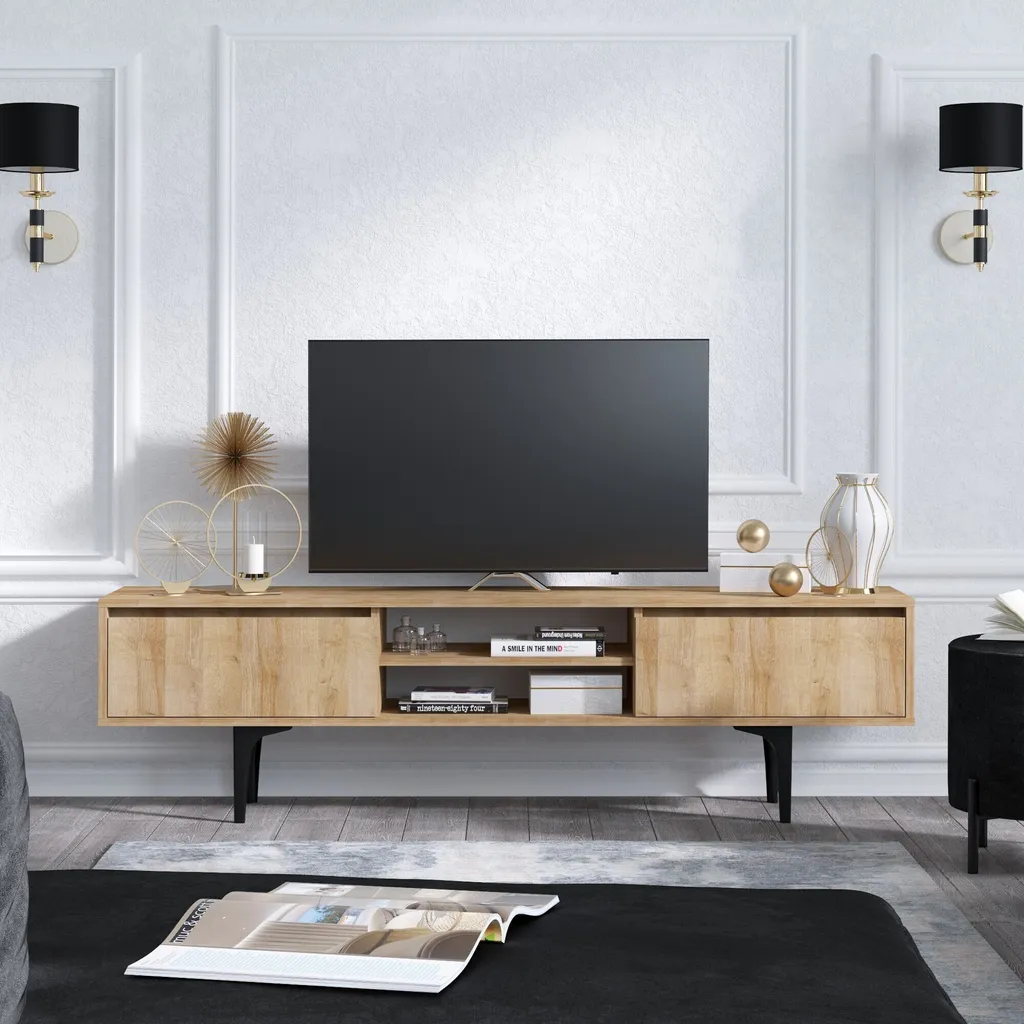 Banc TV en mélaminé chêne Artemis 150 cm robuste et facile à entretenir