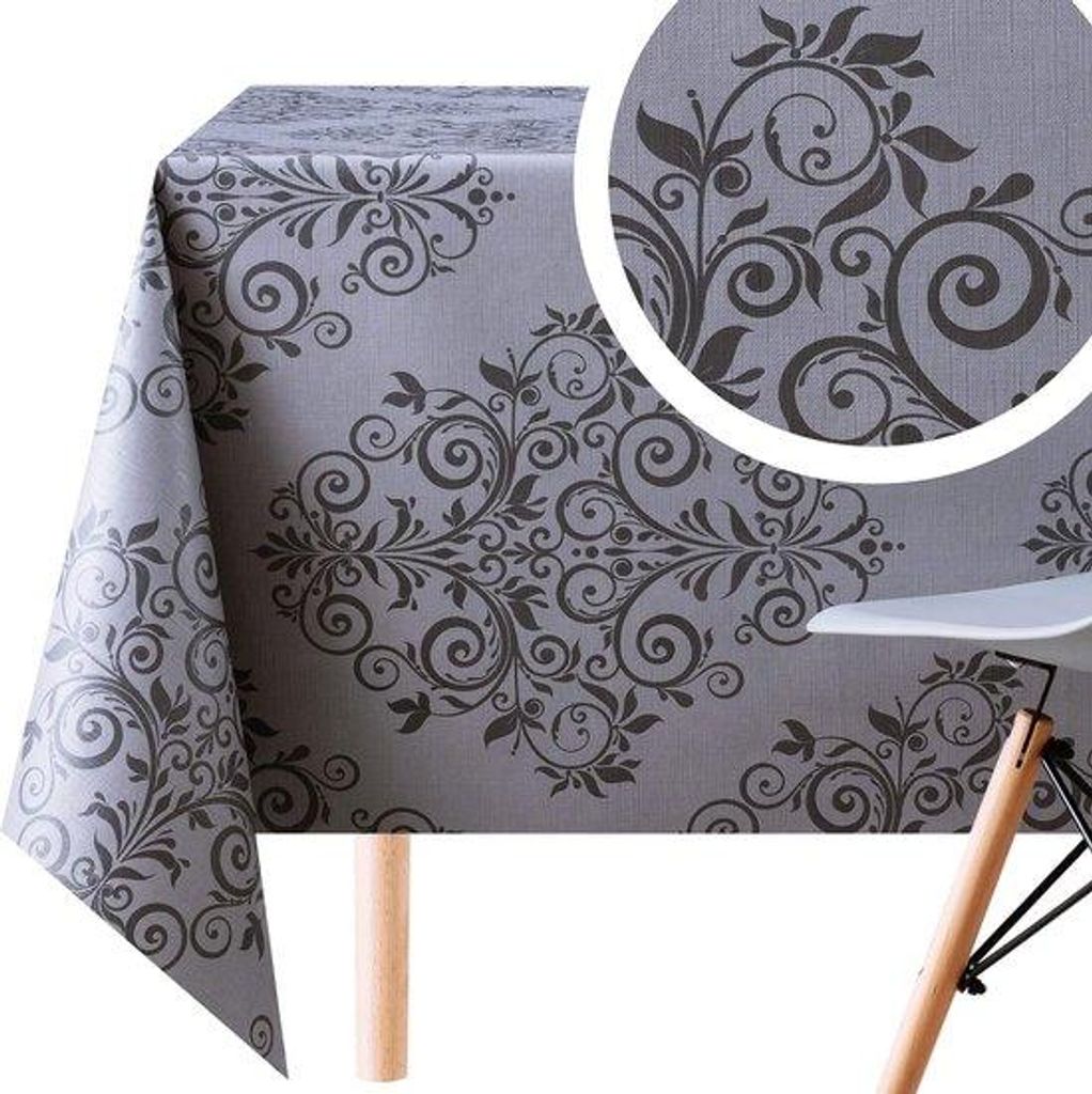 r Barock-Style PVC-Tischüberzug mit Relief-Mustereffekt, dunkelgraues und graues Muster, wasserdicht, rechteckiger Format, 200 x 140 cm, einfach z...