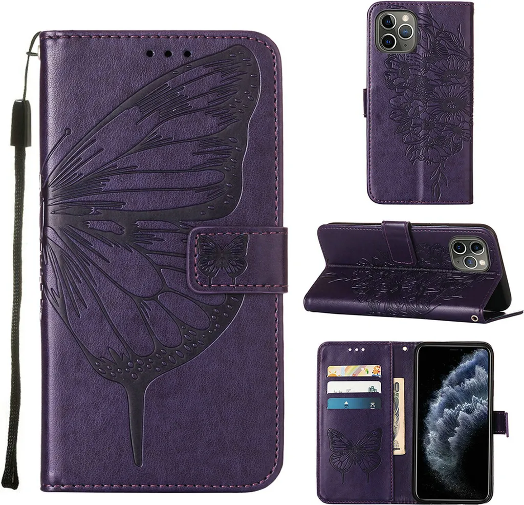 custodia per iPhone 11 Pro, Custodia in pelle Flip Butterfly Relief con slot per schede e supporto per iPhone 11 Pro Viola