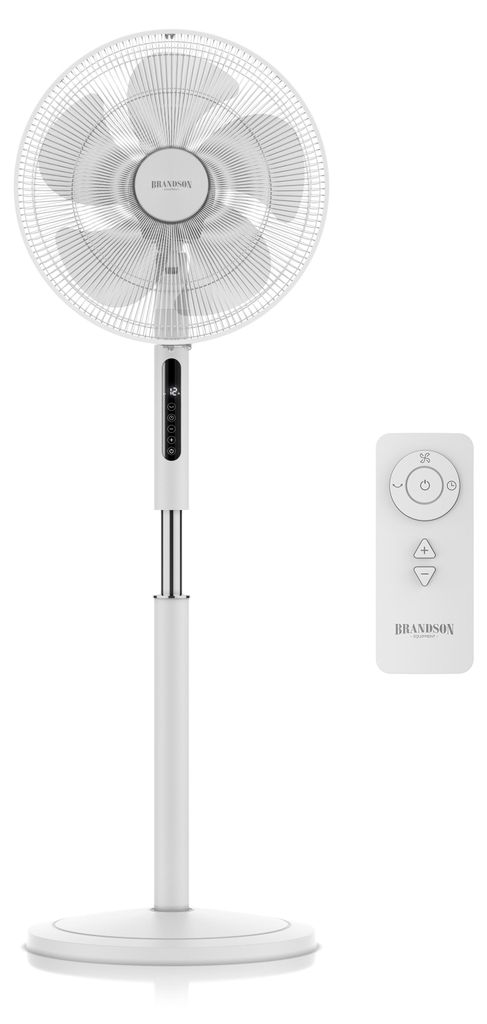 A white pedestal fan and its remote control are displayed against a white background.