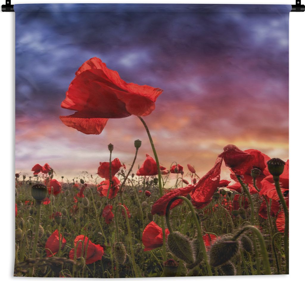 MuchoWow Wandteppich Wandbehang Mohn - Blumenfeld - Rot 120x120 cm Tapisserie Dekoration Wandtuch - Modern - Baumwollgewebe