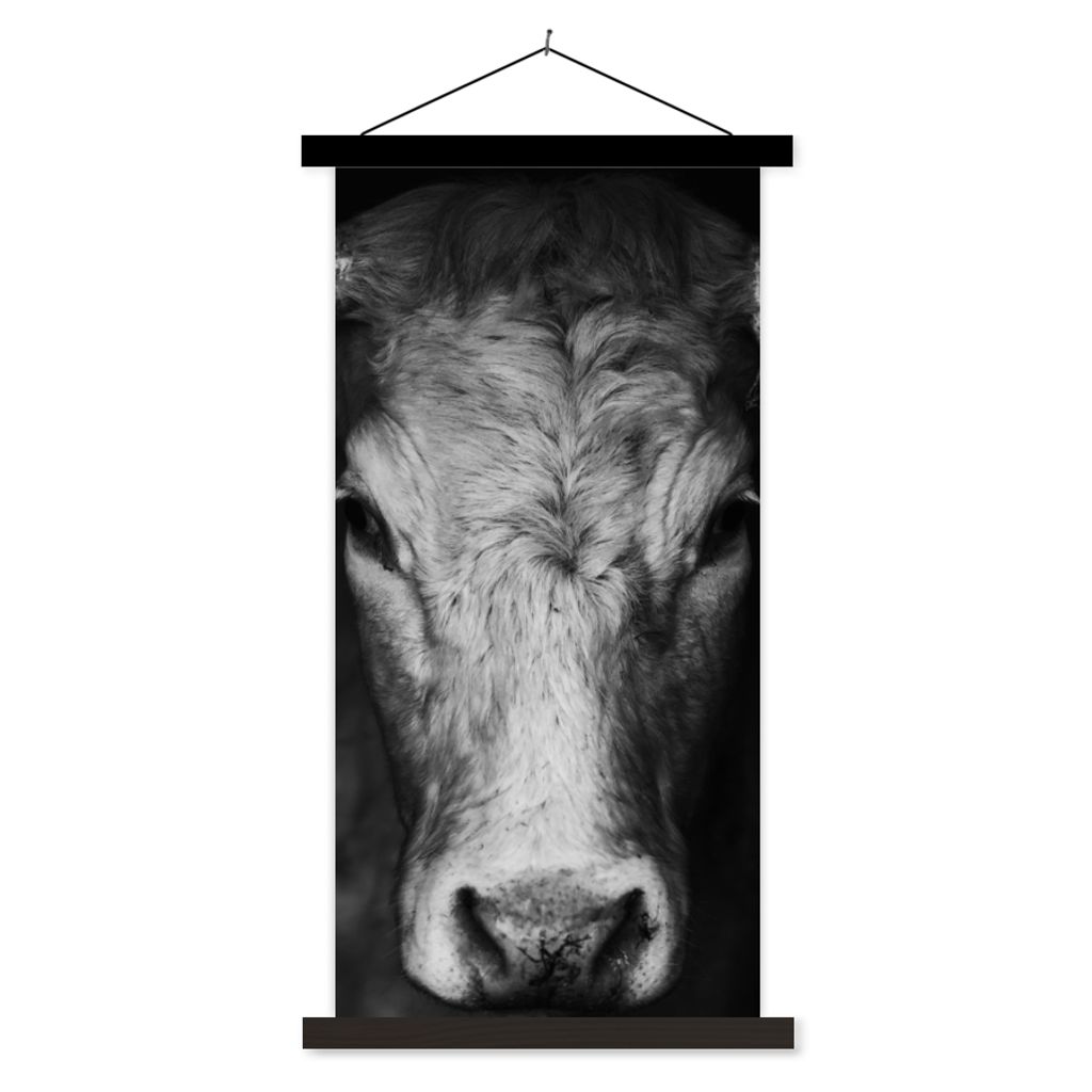 MuchoWow Textilposter Tiere - Kuh - Schwarz - Weiß - Kuhkopf 40x80 cm mit schwarzem Rahmen - Wandemalerei