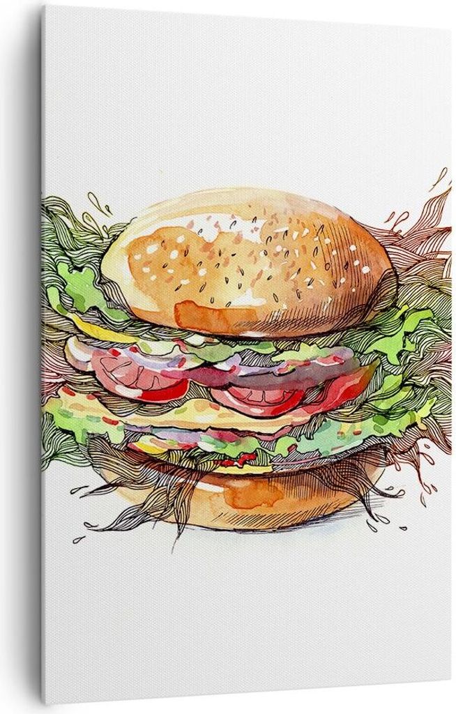Bild auf Leinwand - Leinwandbild - Einteilig - Illustration nahrung hamburger brötchen - 80x120cm - Wand Bild - Wandbilder - Leinwanddruck - Wandd...