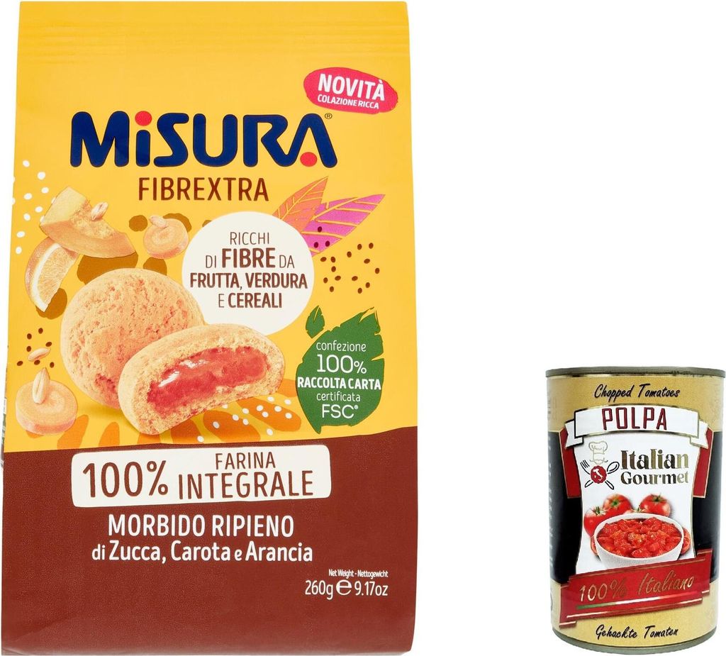 3x Misura Frollino Integrale Fibrextra Vollkorn Kekse Shortbread mit Kürbis-, Karotten- und Orangenfüllung, 100% Vollkornmehl, 260 g + Italian Go...