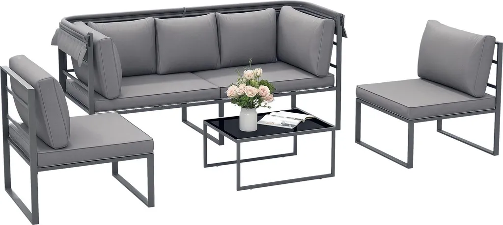 Mobilier de jardin 4 pièces avec canapé 3 places et table basse grise