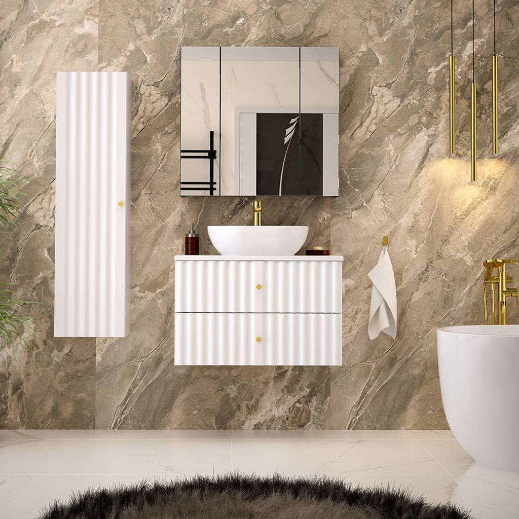 Badezimmer Komplett Set 3-teilig mit Waschbecken modern in weiß matt AQUINO-140