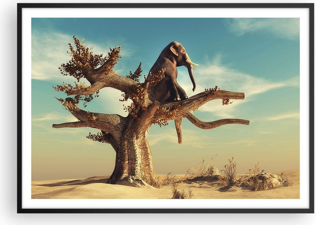 Gerahmtes Poster - Schwarzer Rahmen - Sitzen Elefant Baum - Produktbild 