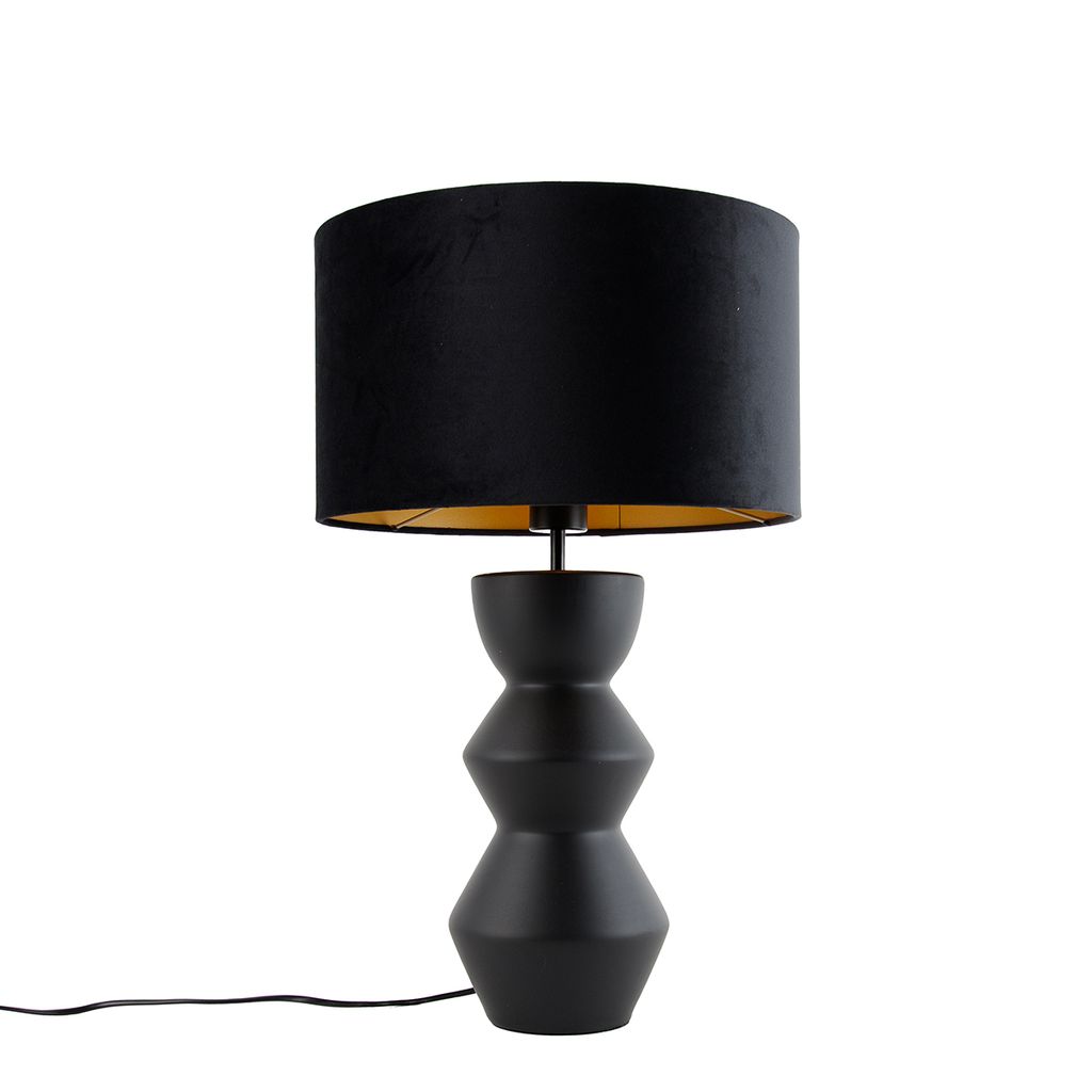 QAZQA - Design Tischleuchte I Tischlampe I Lampe I Leuchte Schwarz Samt-Schirm Schwarz mit Gold I Messing 35 cm - Alisia I Wohnzimmer I Schlafzimme...