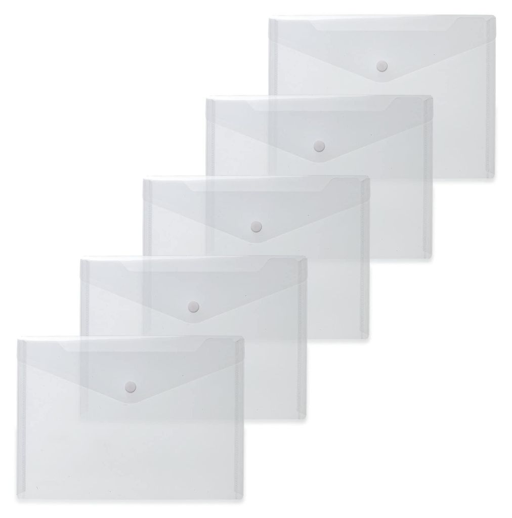 Transparente, weiße A5-Dokumentenmappen, 5 Stück, kleine, transparente Mappen/Umschläge mit Druckknopfverschluss, Plastikhüllen für Schule, Un...