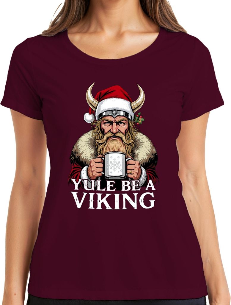Yule Be A Viking Wikinger Weihnachten Bart Hörner Vintage Damen T-Shirt, Burgundy, S