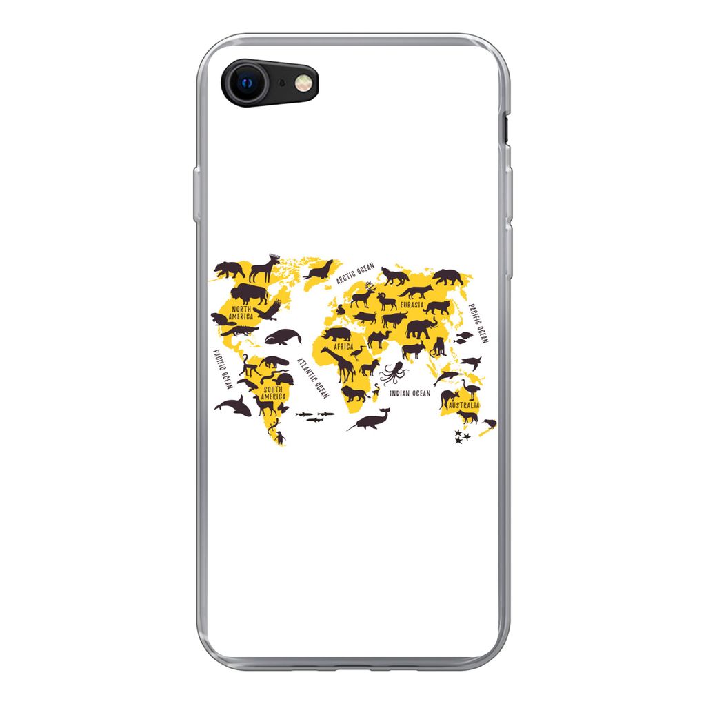 MuchoWow Handyhülle Schutzhülle Hülle für iPhone SE 2020 Weltkarte - Tiere - Gelb Silikon Softcase Handy Hülle - Kartenbesitzer