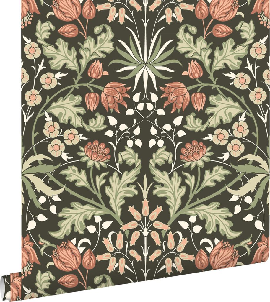 ESTAhome Tapete Blumenmuster im Jugendstil Dunkelgrün und Terrakotta 50 x 900 cm