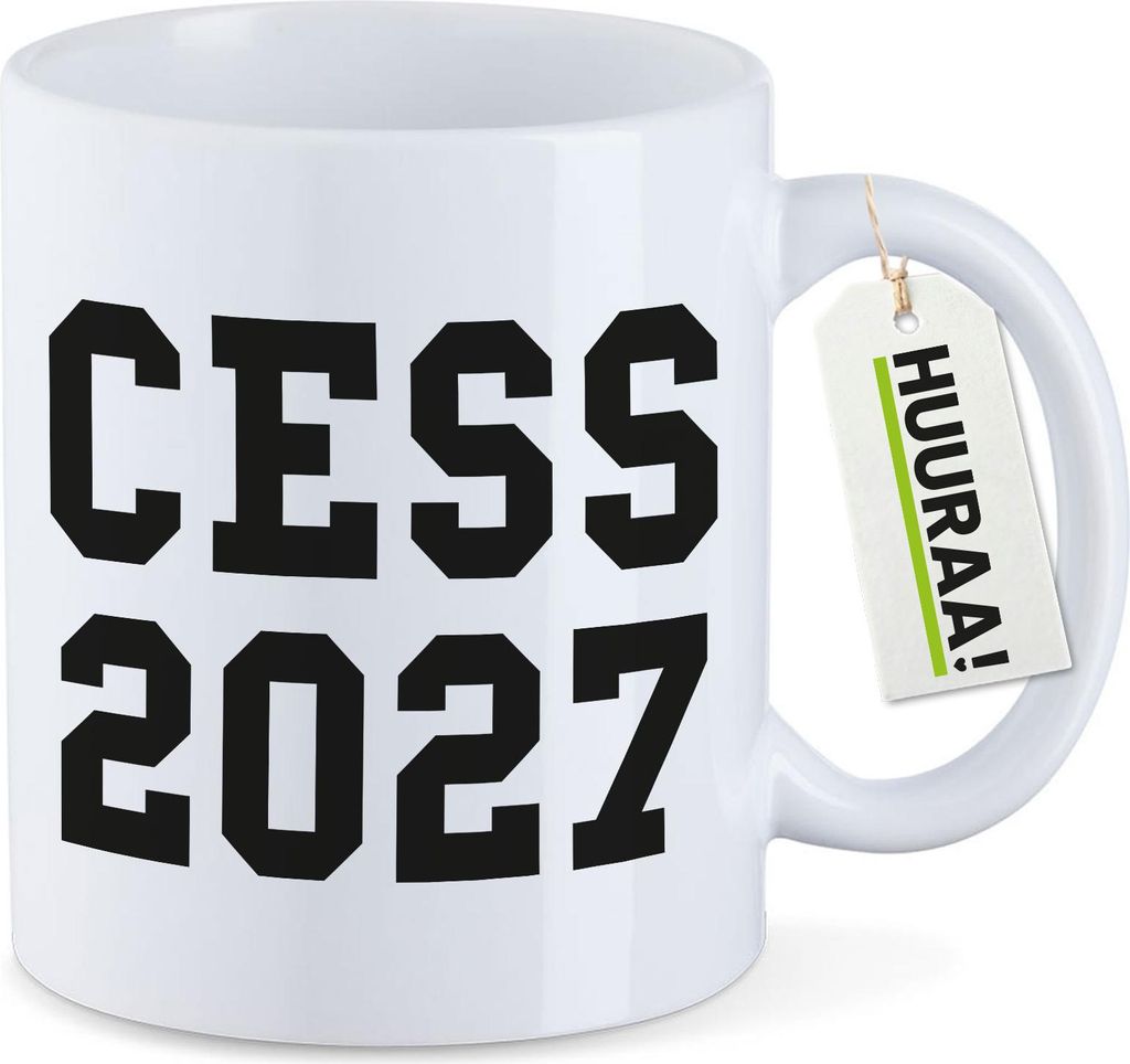 Huuraa Kaffeetasse CESS 2027 Abschluss Belgien (frz.) 330ml Weiß Keramik Kaffeebecher Geschenkidee