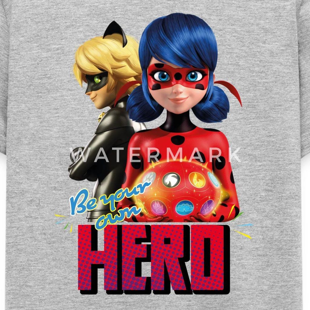 Spreadshirt Miraculous Be Your Own Hero Kinder T-Shirt, 98/104 (3-4 Jahre), Grau meliert